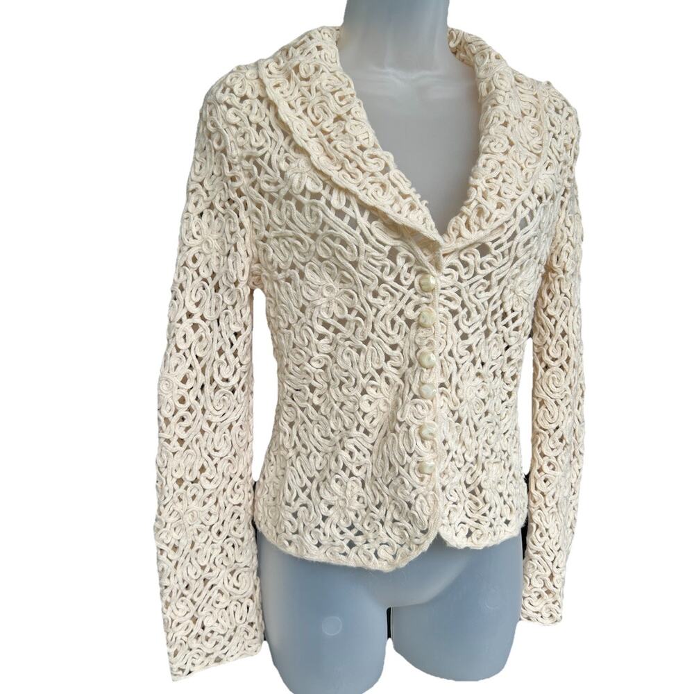 TALBOTS Collection Crochet Italian Alpaca Wool Cardigan Sweater Women's Size Med - Picture 3 of 12